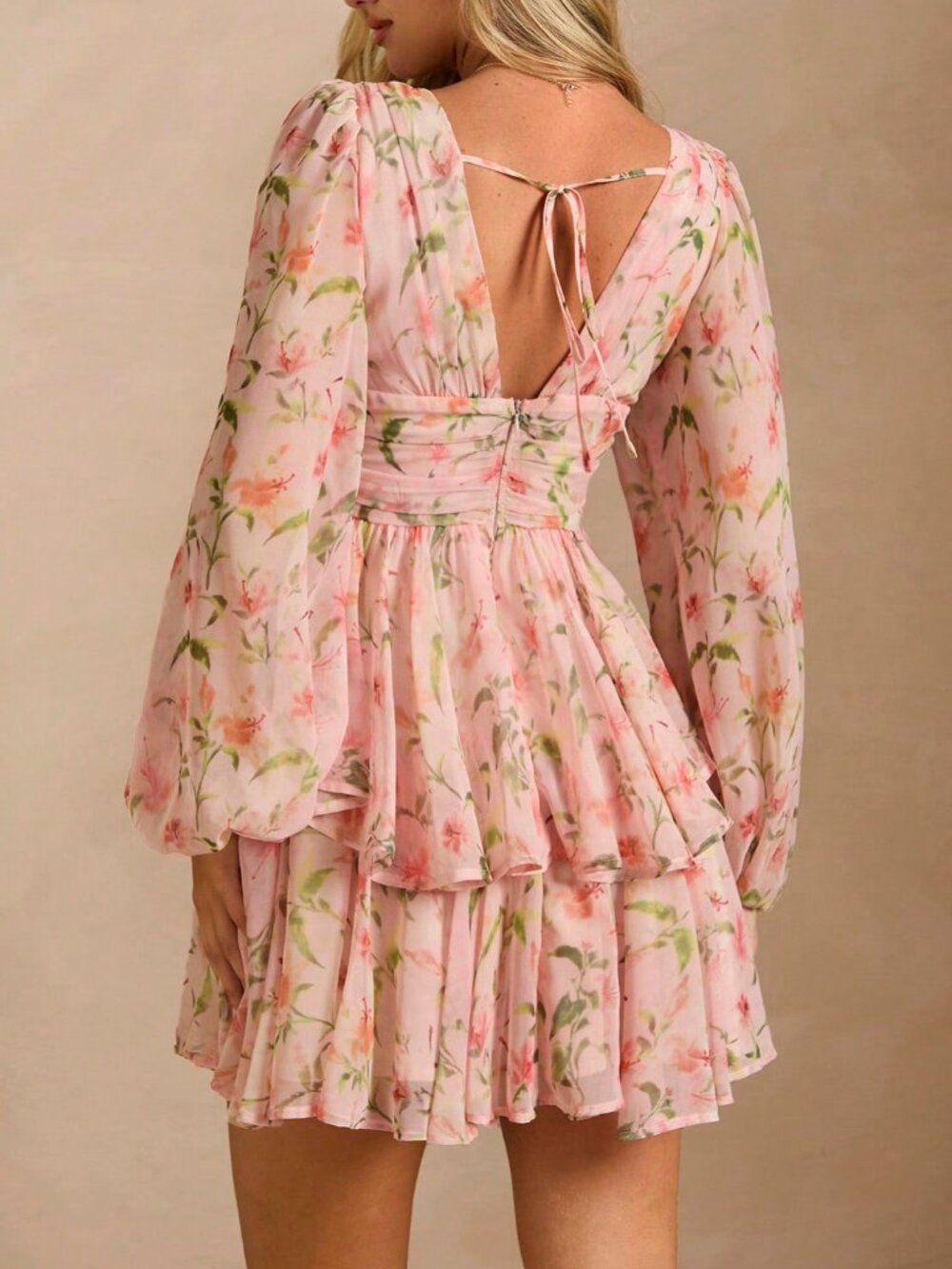 Baby Pink Boho Women's Romantic Floral Print V-Neck Long Sleeve Mini Dress - Picture 2 of 7